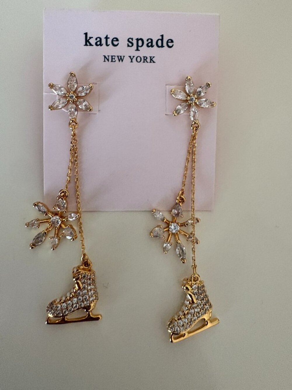 Kate Spade Crystal Snowflake Ice Skate Linear Drop Earrings Gold